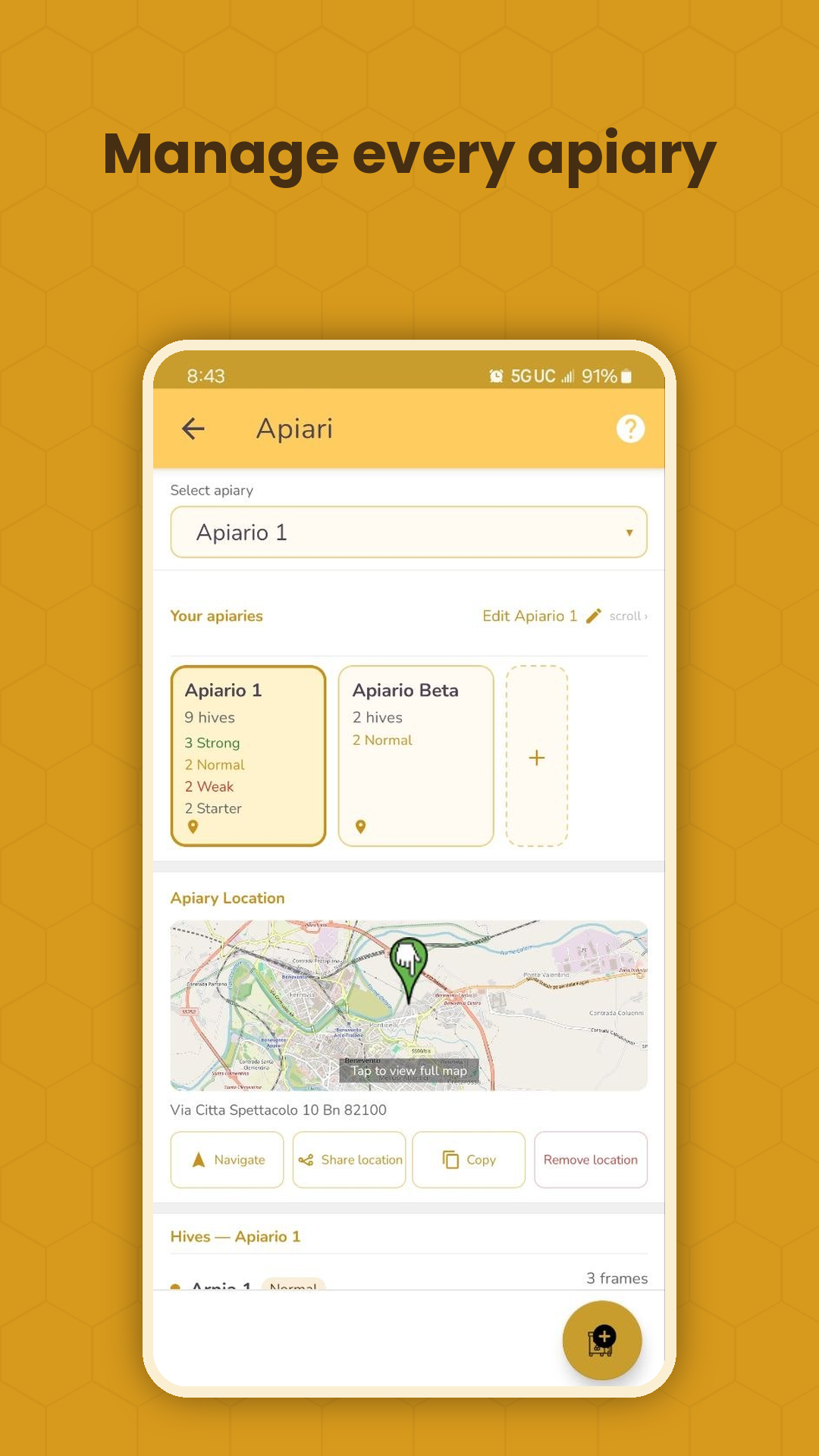 Bee Manager — apiary details with location on the map
