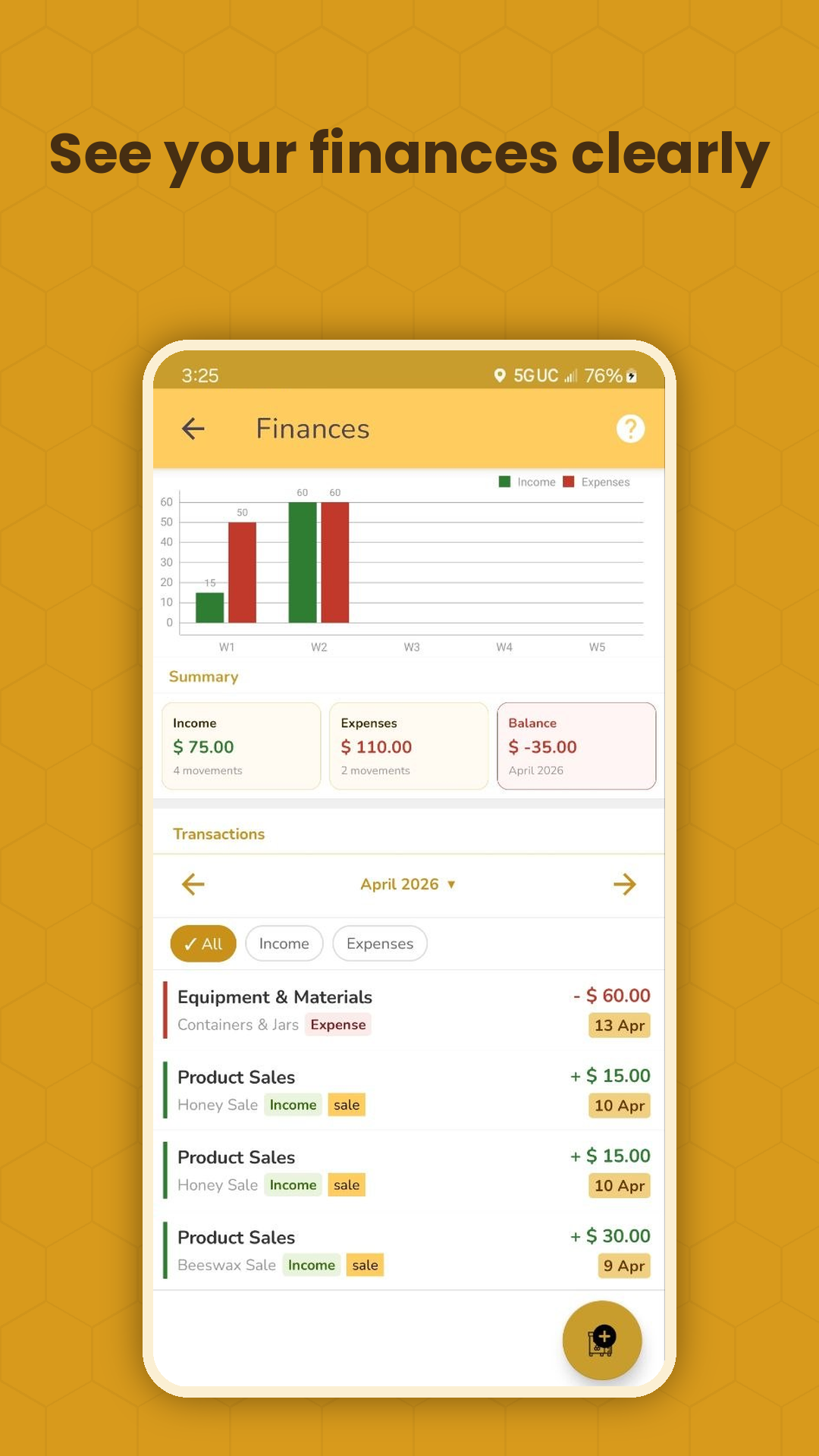 Bee Manager — finances with income, expenses and balance